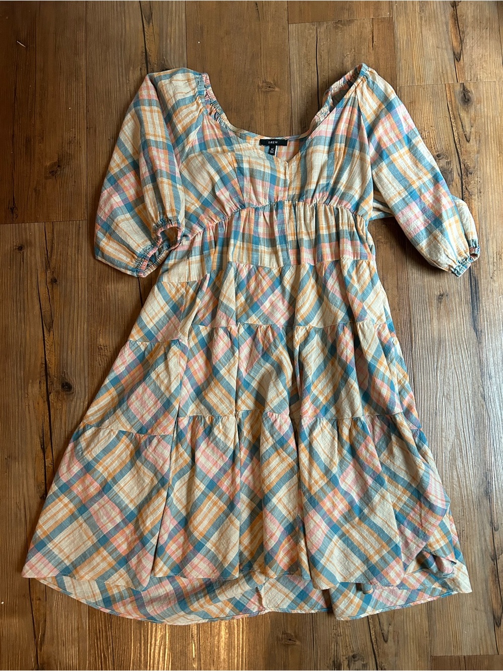 DREW Multicolor Plaid Mini Dress - Blue, Peach, Cream